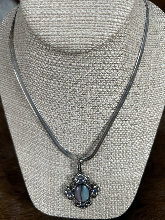 Silver Necklace Stone Purple Green Pendeant