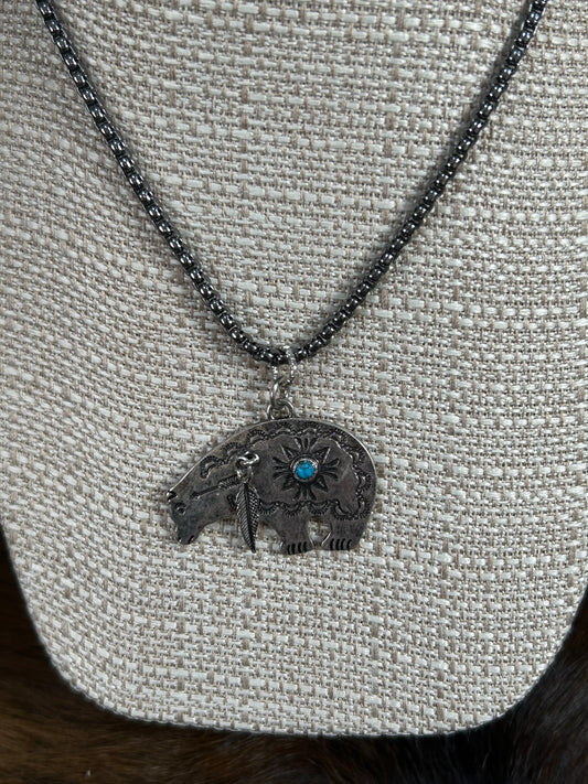 Silver Bear Black Necklace for Men and Teens