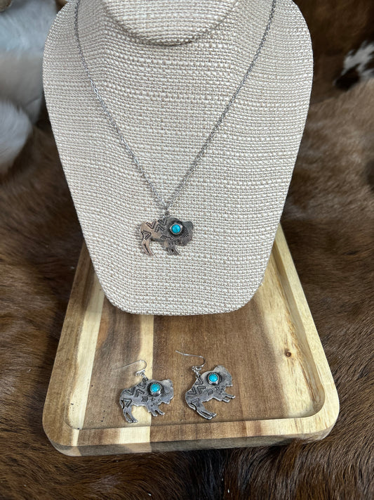 Western Native Silver Buffalo Necklace Earring Set