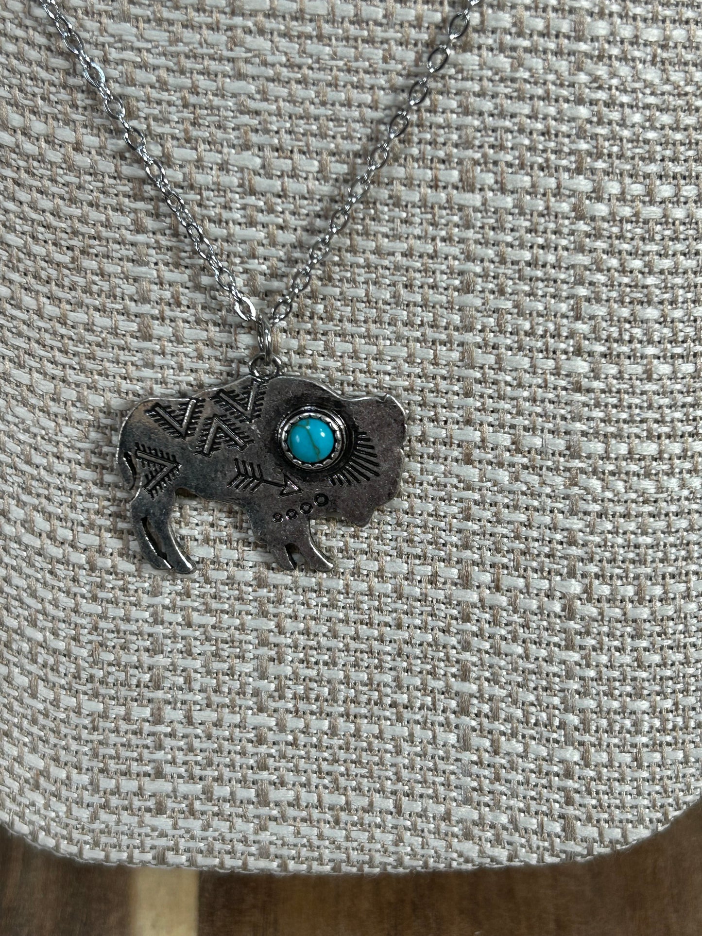 Western Native Silver Buffalo Necklace Earring Set