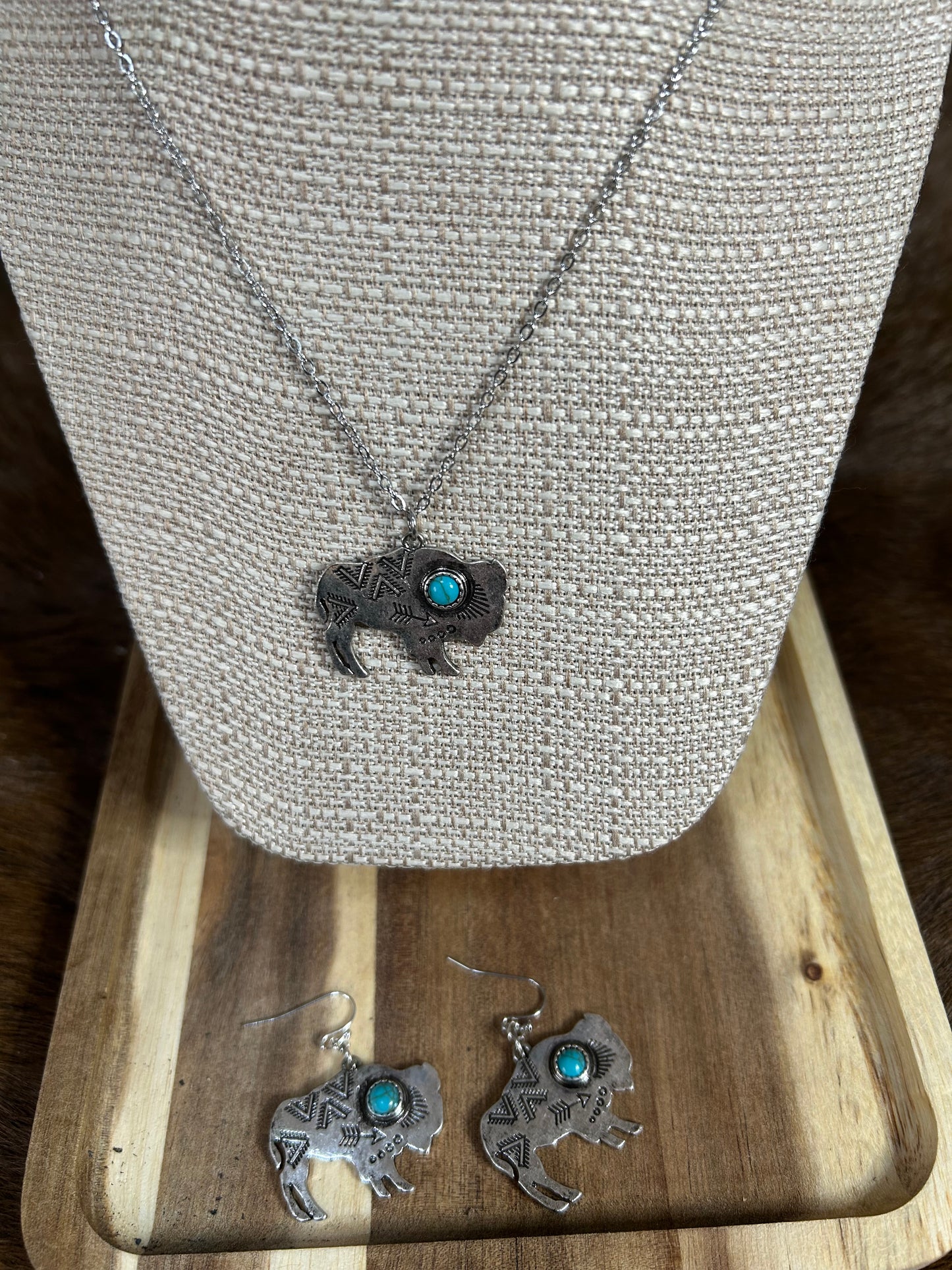Western Native Silver Buffalo Necklace Earring Set