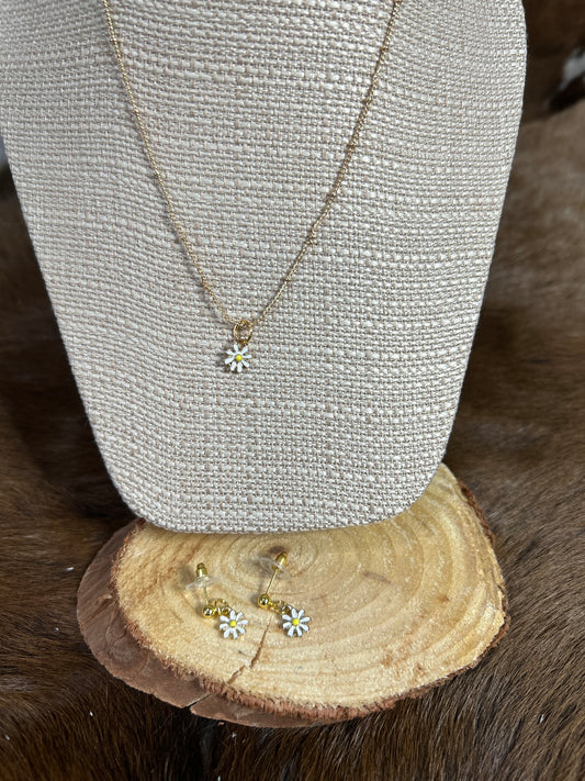 Daisy Flower Gold Necklace Earring Set