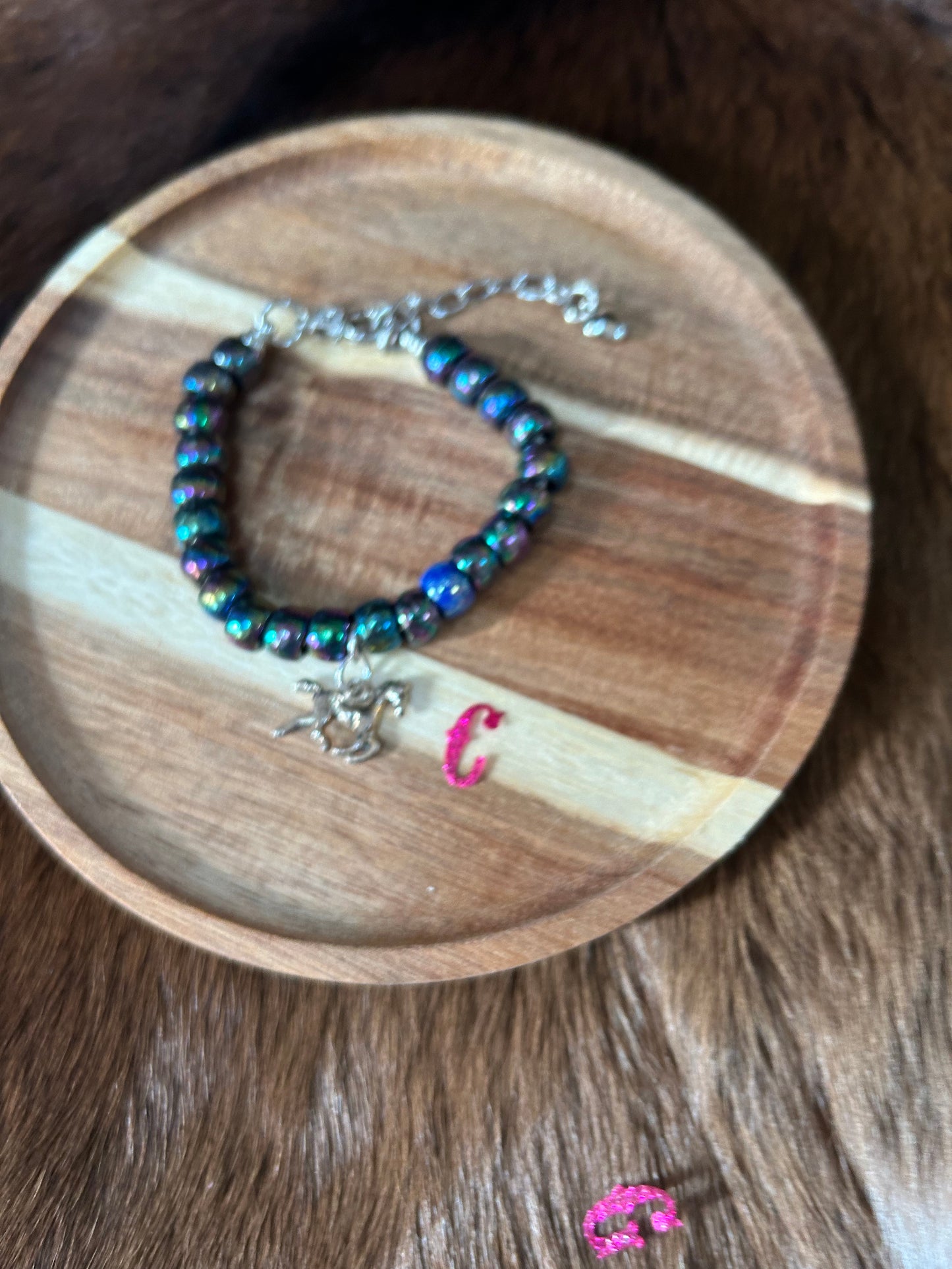 Girls Bracelet Metalic Beads Running Horse Charm