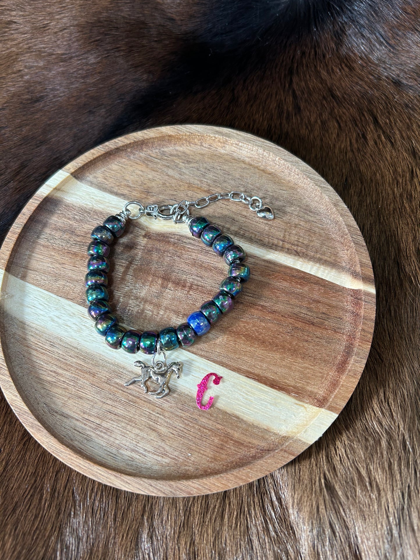 Girls Bracelet Metalic Beads Running Horse Charm