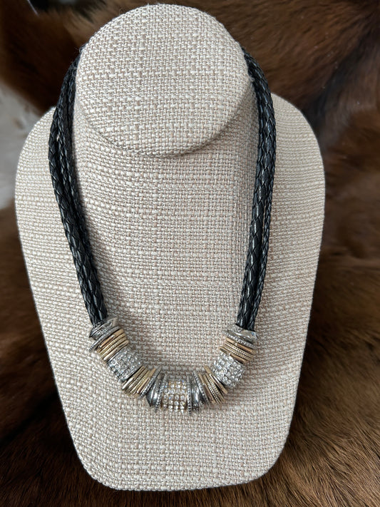 5 Strand Twisted Leather Necklace Metal Rhinestones