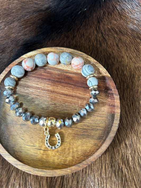 Western Beaded Stretch Bracelet Vibrant Colors Horseshoe Charm