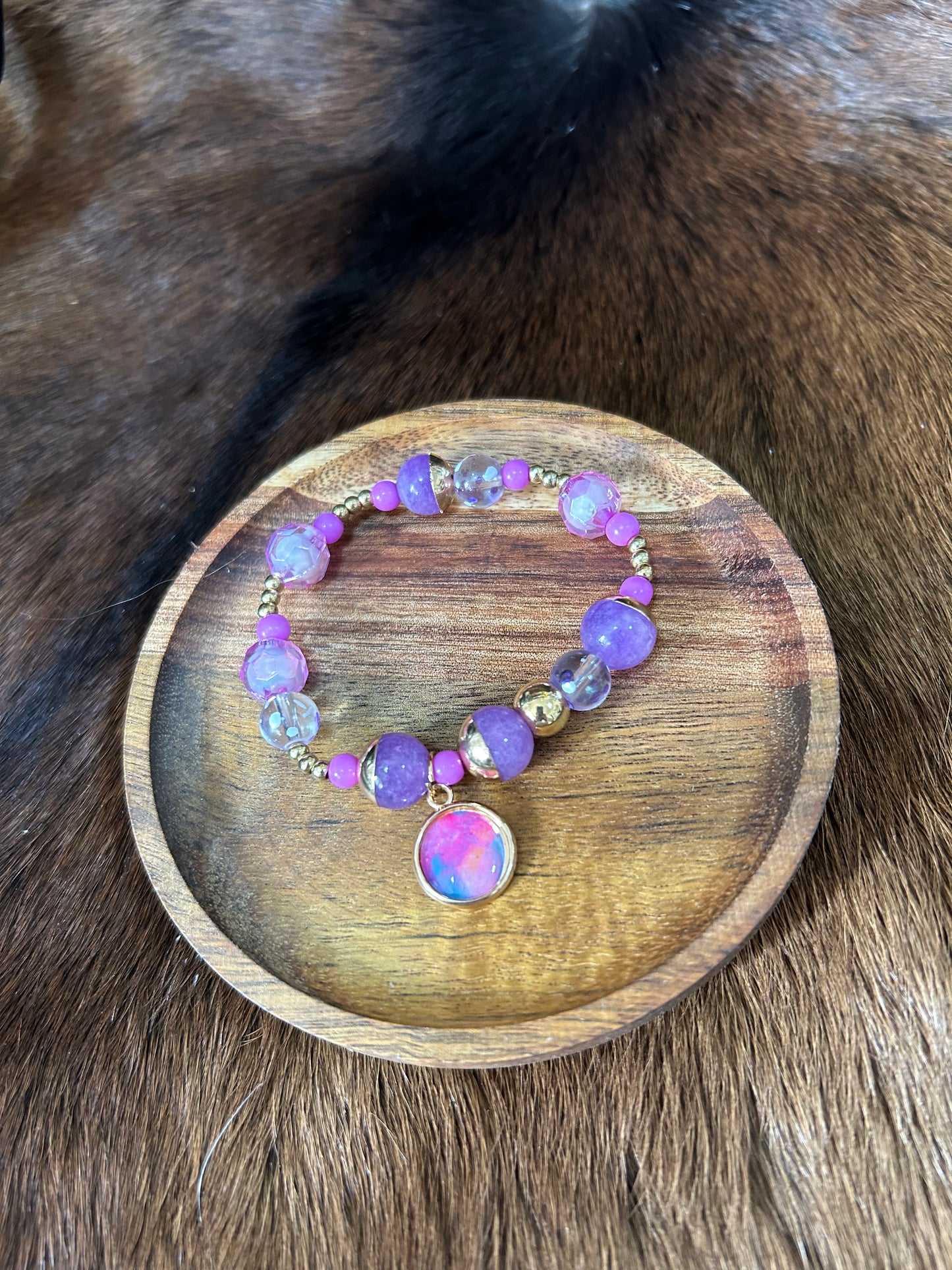 Little Girls Stretch Beaded Bracelet Charm Purple Beads