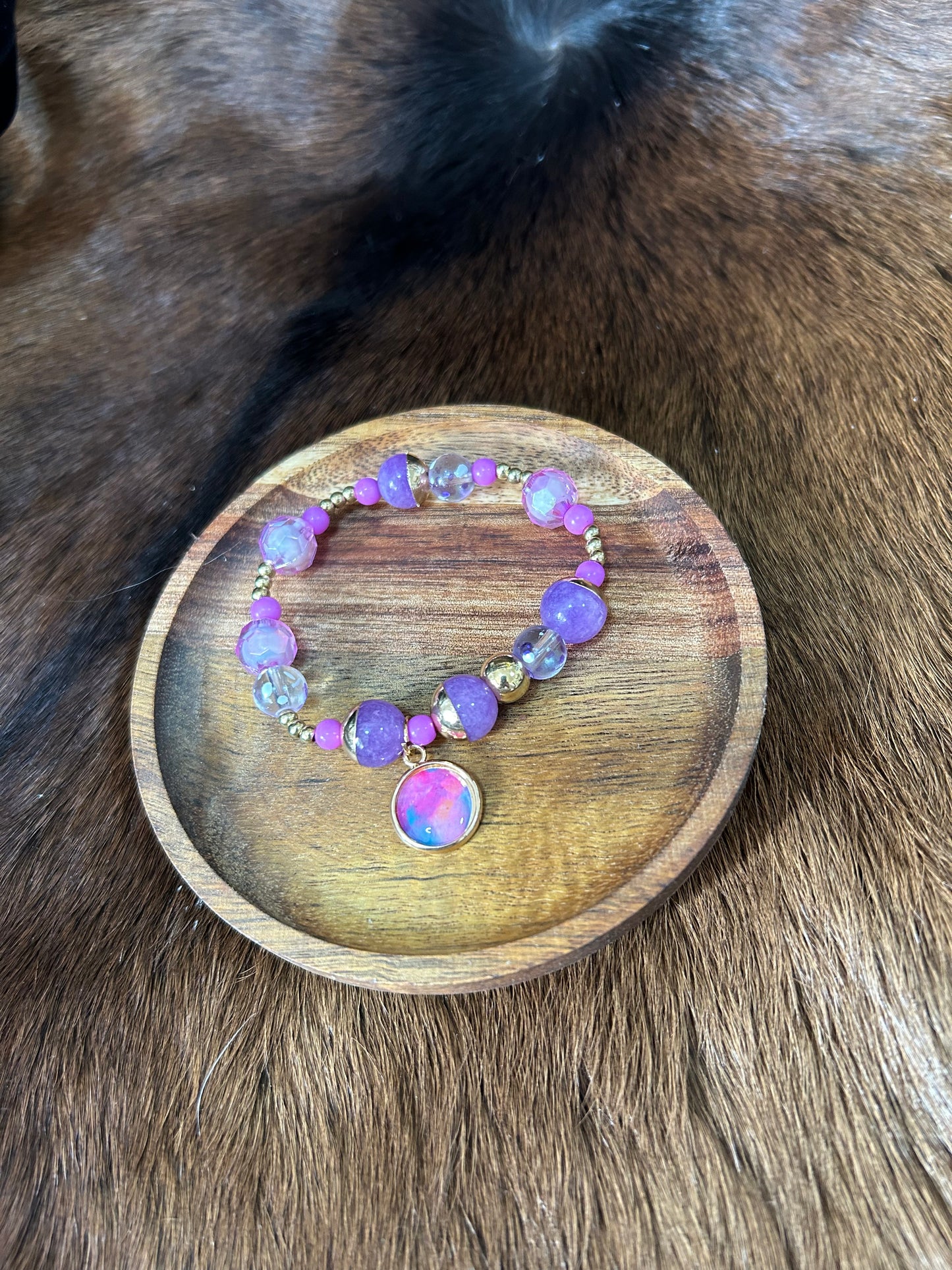 Little Girls Stretch Beaded Bracelet Charm Purple Beads