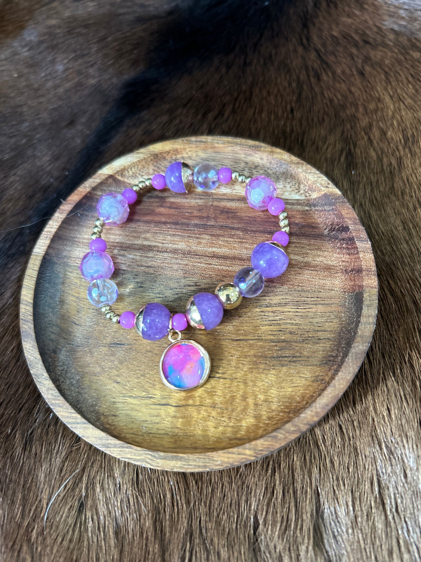 Little Girls Stretch Beaded Bracelet Charm Purple Beads