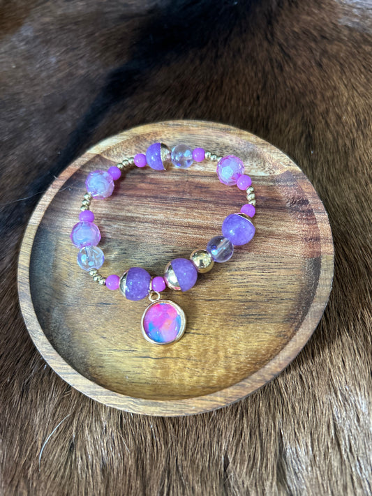 Little Girls Stretch Beaded Bracelet Charm Purple Beads