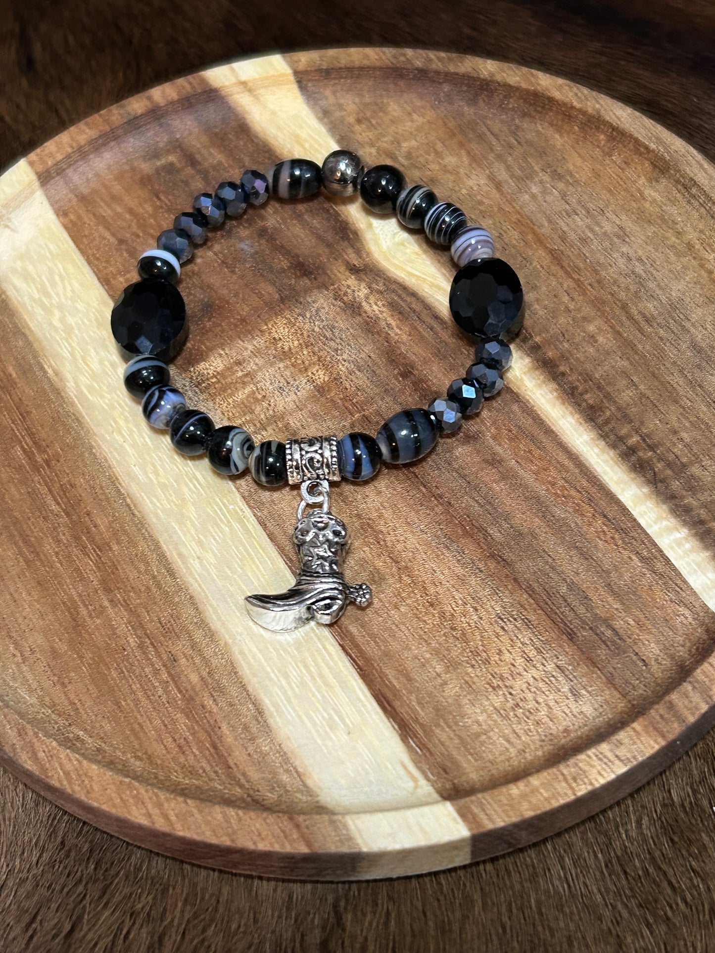 Western Stretch Bracelet Black Beads Cowboy Boot