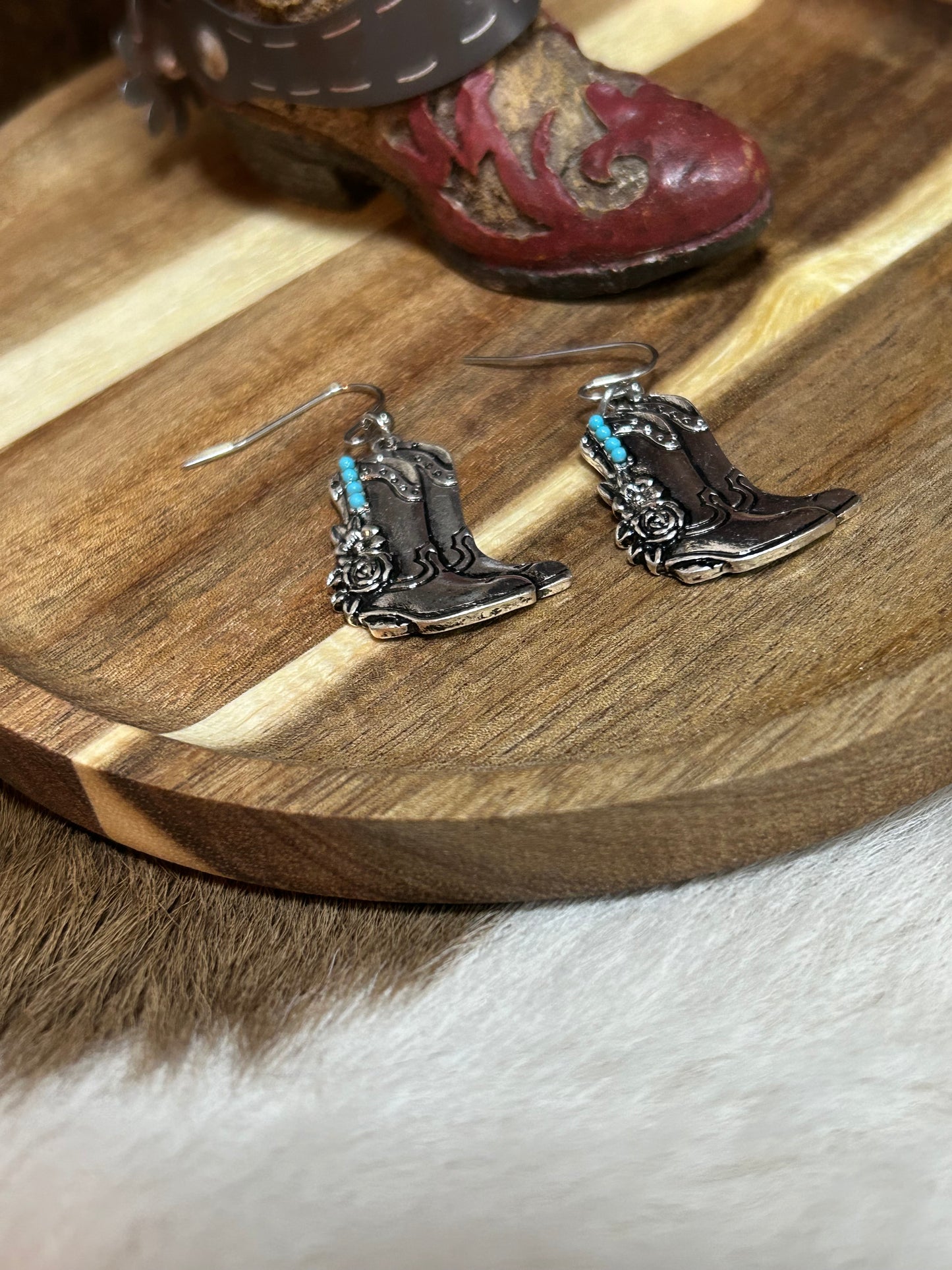 Cowgirl Silver Boots Flowers Earrings