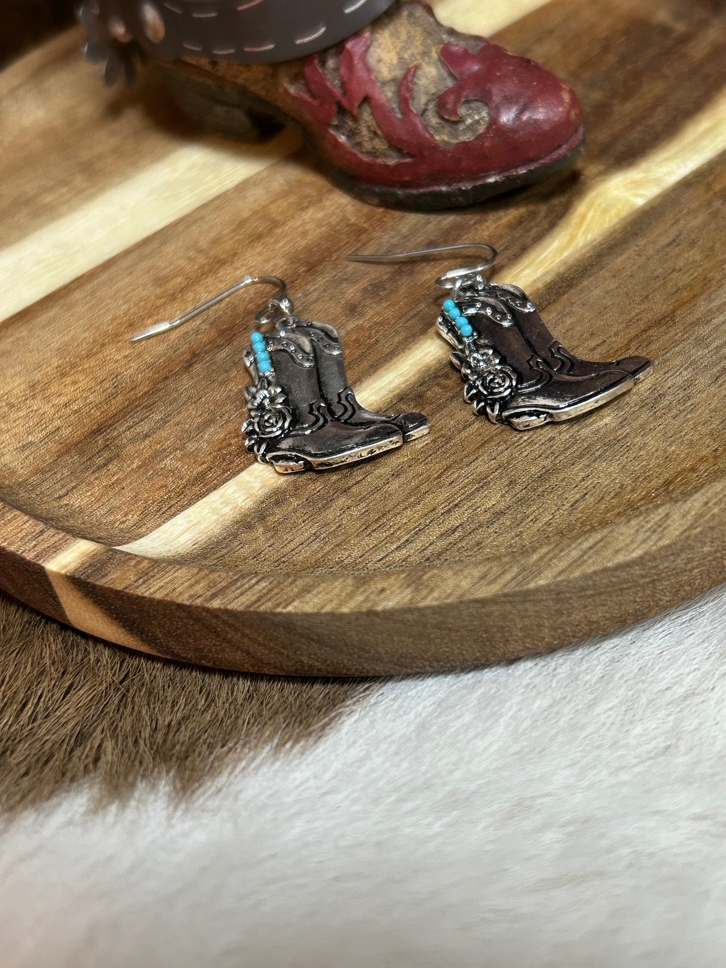 Cowgirl Silver Boots Flowers Earrings