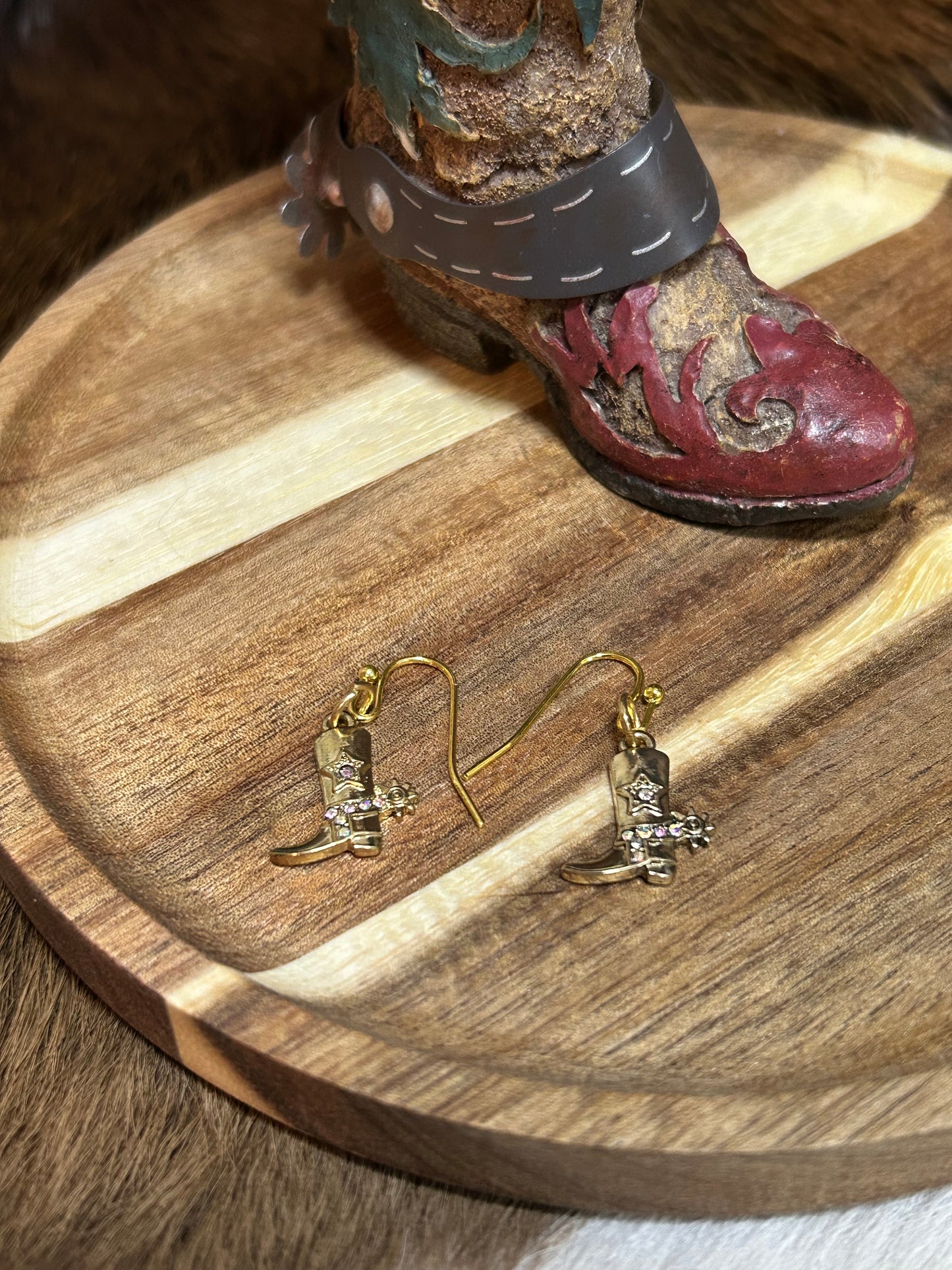 Western Gold Rhinestones Cowboy Boot Spur Dangle Earrings