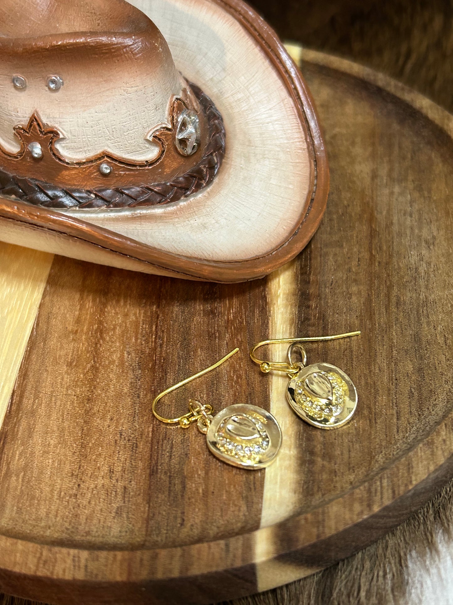 Western Gold Rhinestones Cowboy Hat Earrings