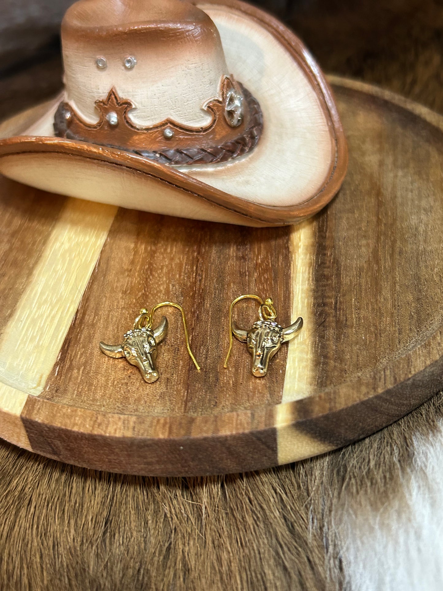 Western Steer Head Dangle Earrings Gold Rhinestones