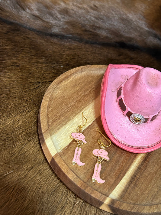 Cowboy Hat Boot Pink Gold Earrings Girls