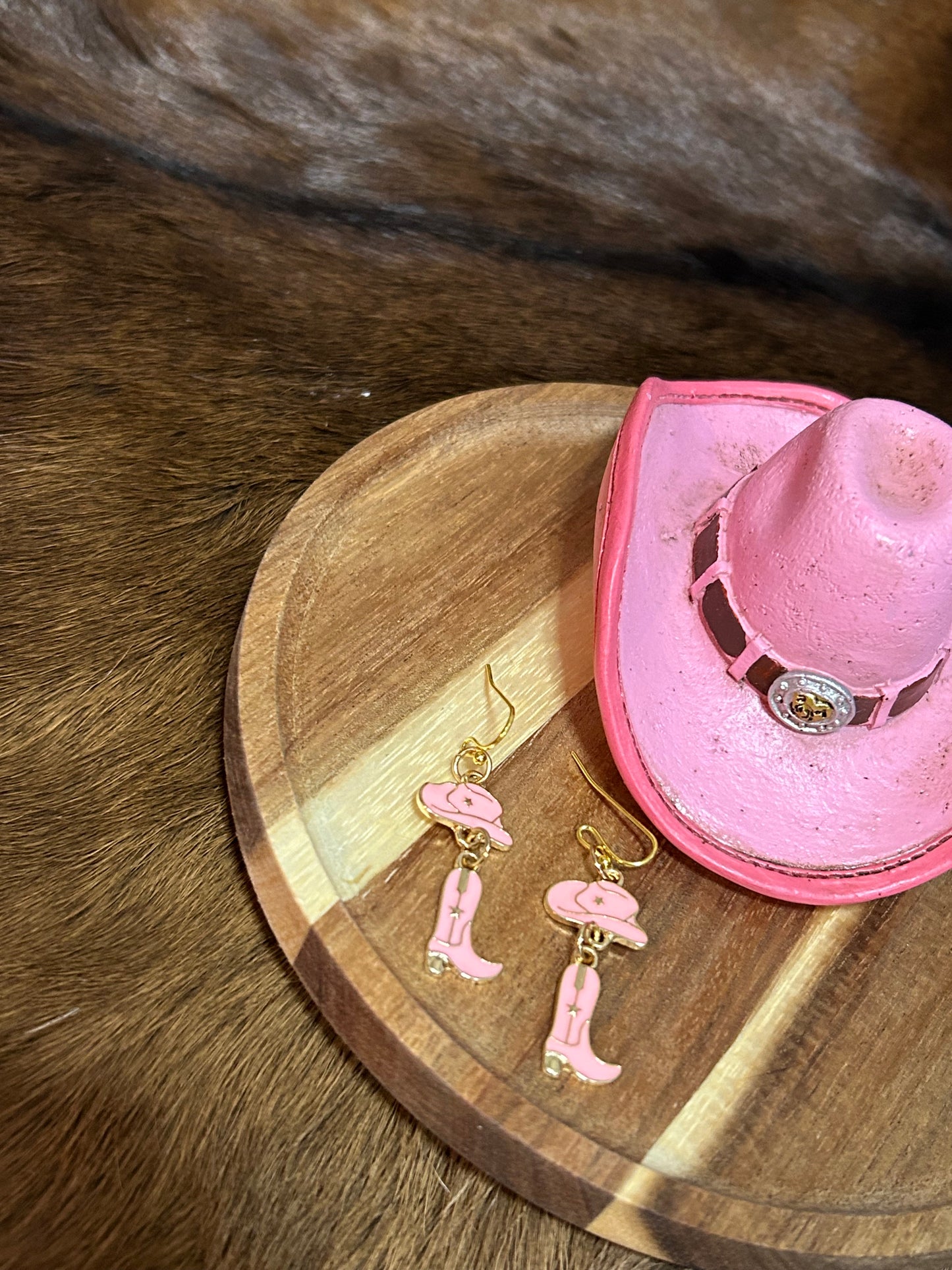 Cowboy Hat Boot Pink Gold Earrings Girls