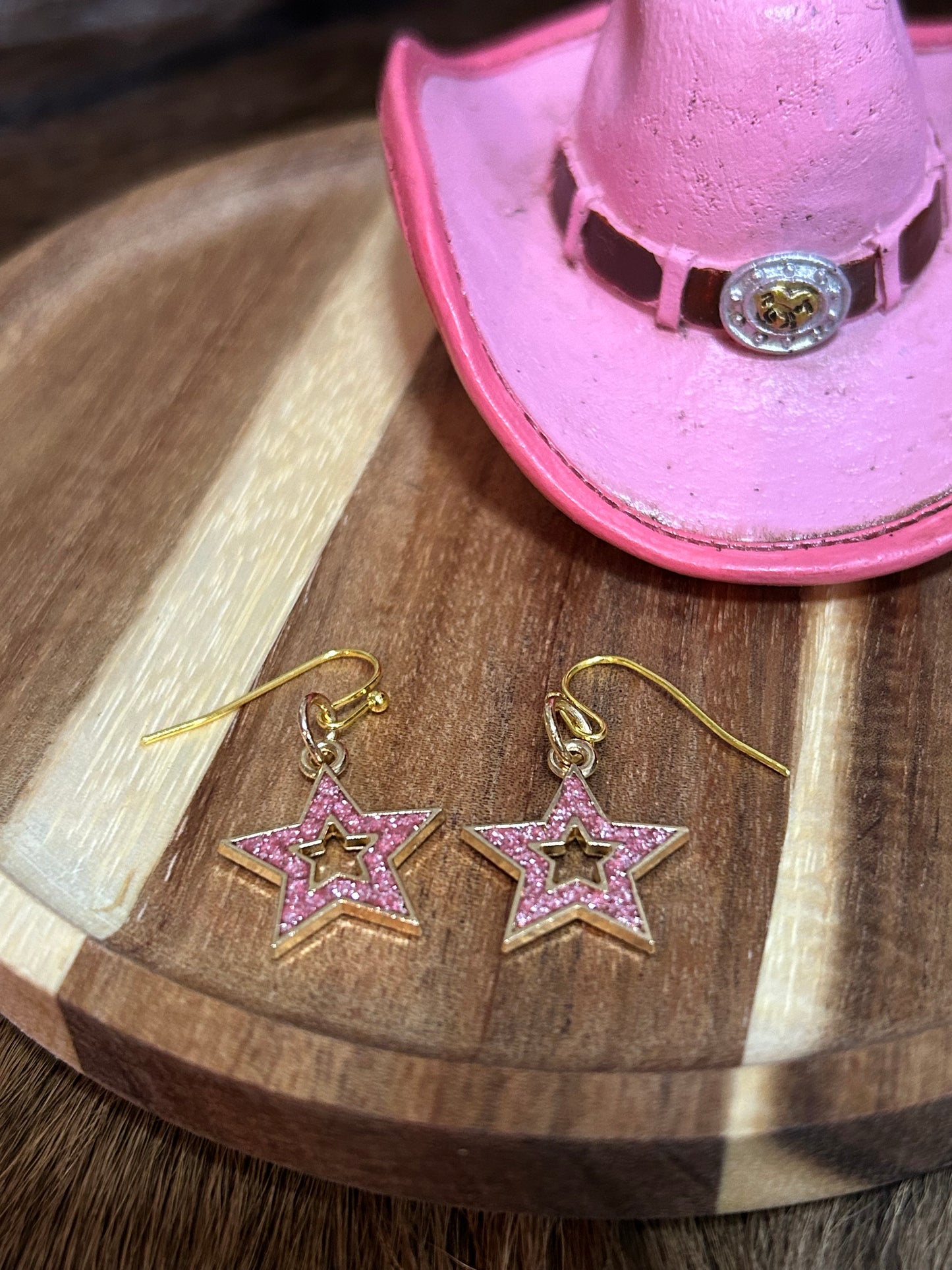 Girls Western Pink Glitter Star Earrings