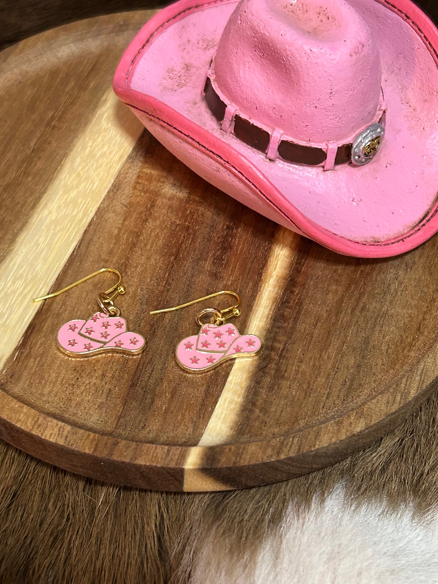 Western Cowgirl Hat Pink Red Stars Earrings Dangle