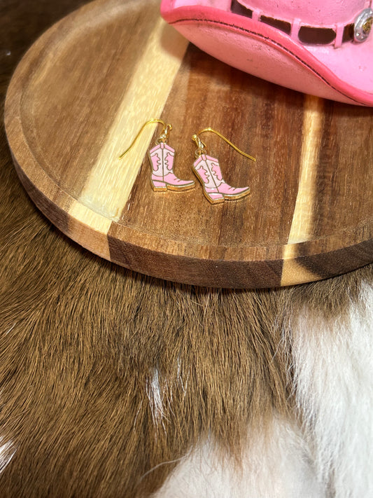 Girls Pink Gold Western Boot Earrings Dangle