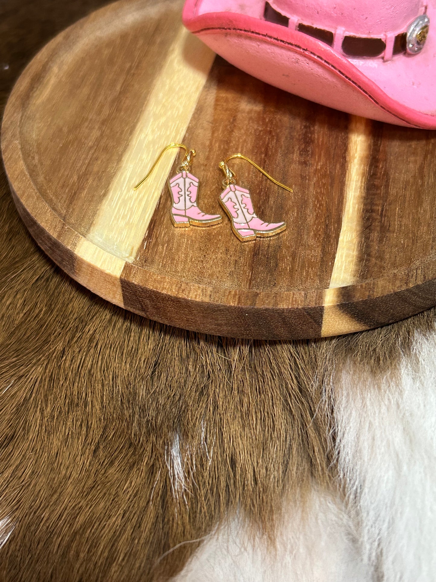 Girls Pink Gold Western Boot Earrings Dangle