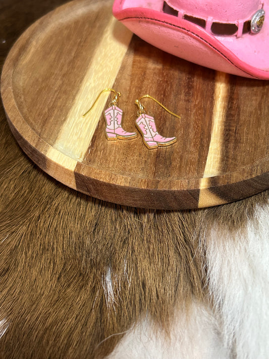 Girls Pink Gold Western Boot Earrings Dangle