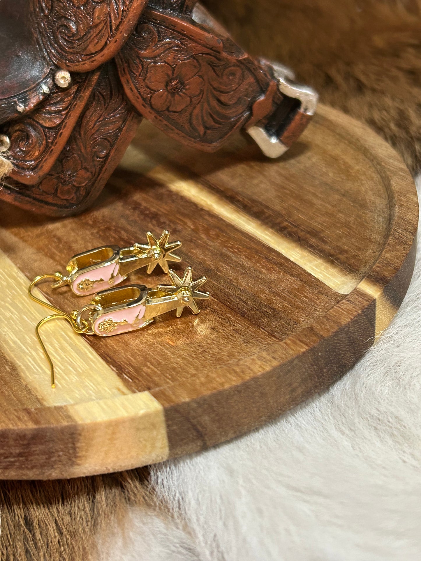 Western Pink Gold Spur Rowel Earrings