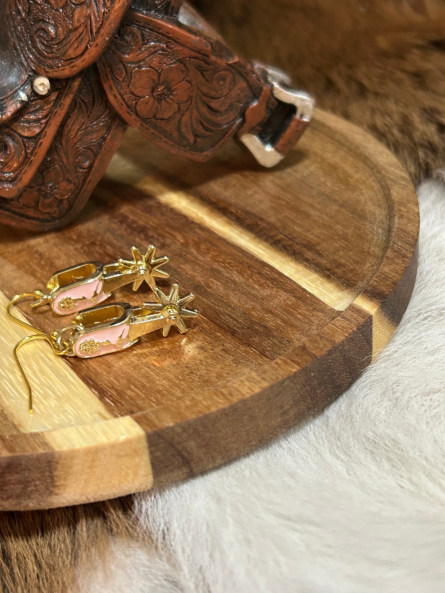 Western Pink Gold Spur Rowel Earrings
