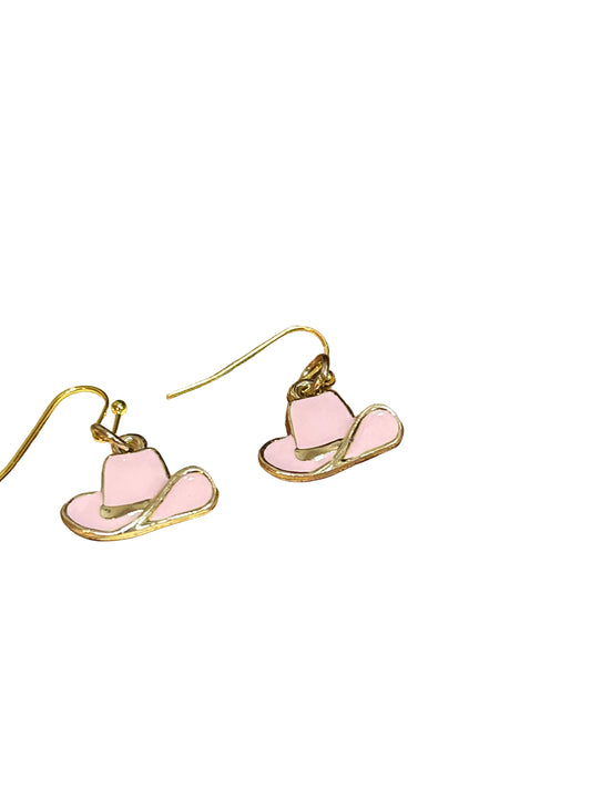 Cowgirl Western Cowboy Hat Pink Gold Dangle Earrings