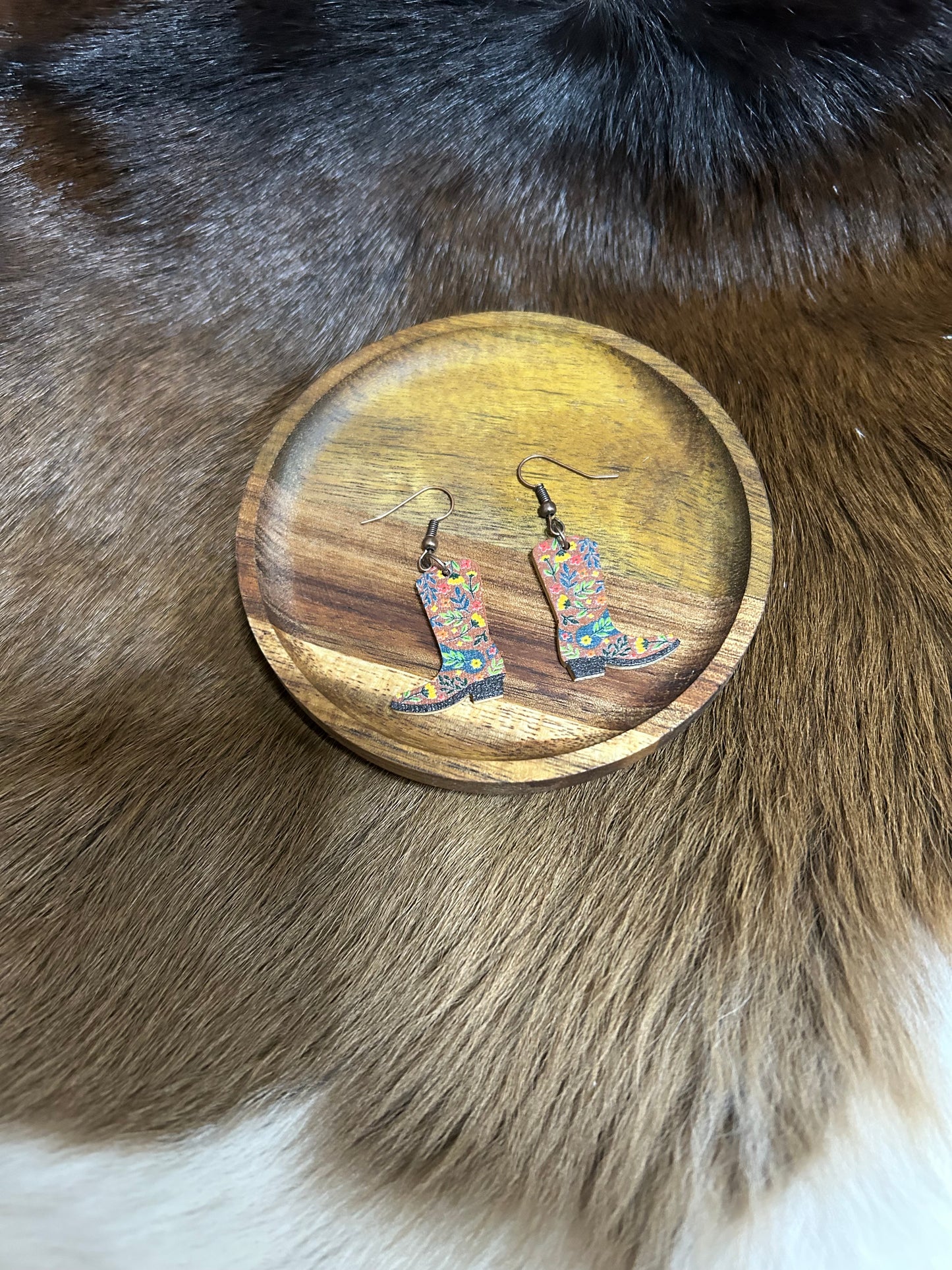 Western Floral Cowboy  Boot Wood Earrings Cowgirls Dangle