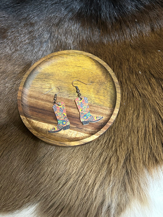 Western Floral Cowboy  Boot Wood Earrings Cowgirls Dangle