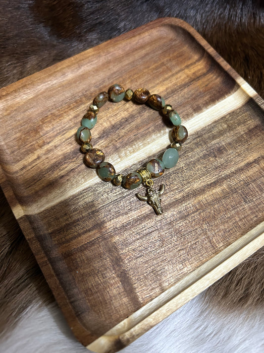 Little Cowgirl Western Steer Head Jasper Beads Stretch Bracelet Cowboy Girls