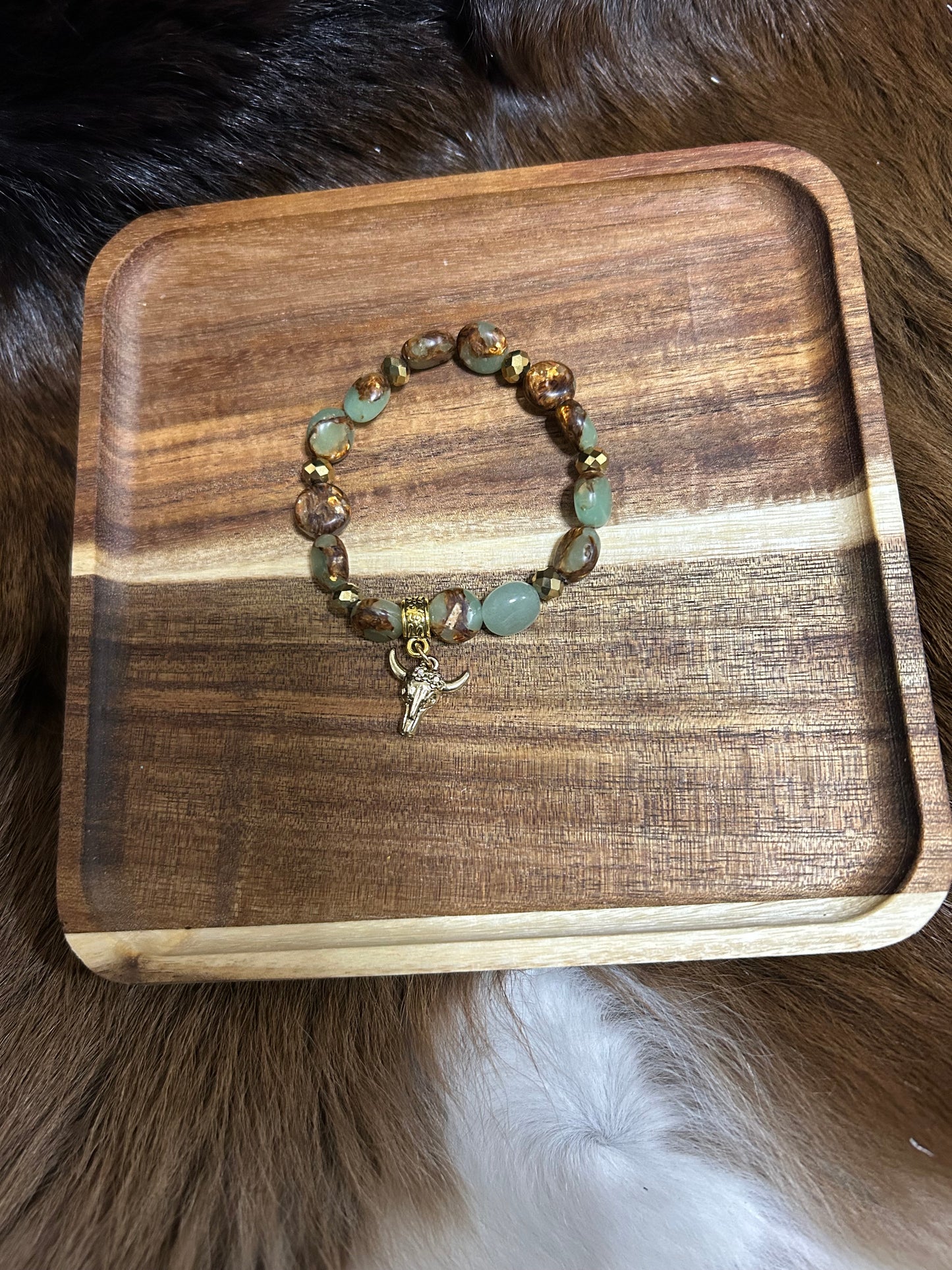 Little Cowgirl Western Steer Head Jasper Beads Stretch Bracelet Cowboy Girls