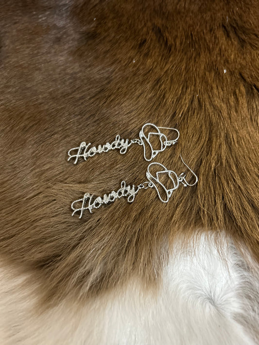 Cowgirl Silver Howdy Cowboy Hat Earrings Dangle