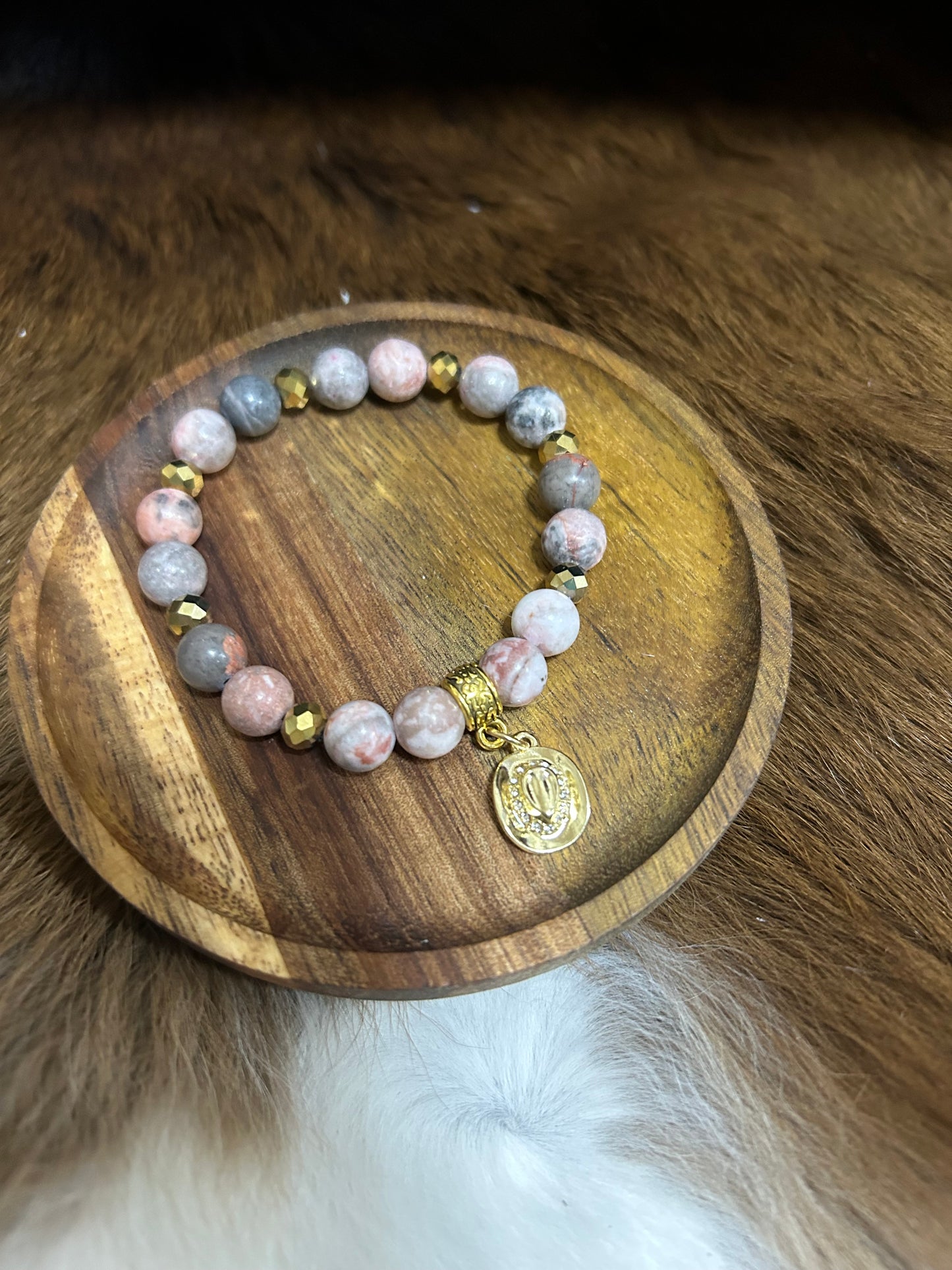 Western Cowgirl Stretch Jasper Beads Bracelet Gold Hat Charm Rhinestones