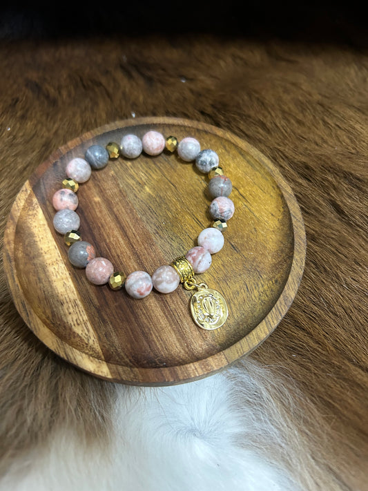 Western Cowgirl Stretch Jasper Beads Bracelet Gold Hat Charm Rhinestones