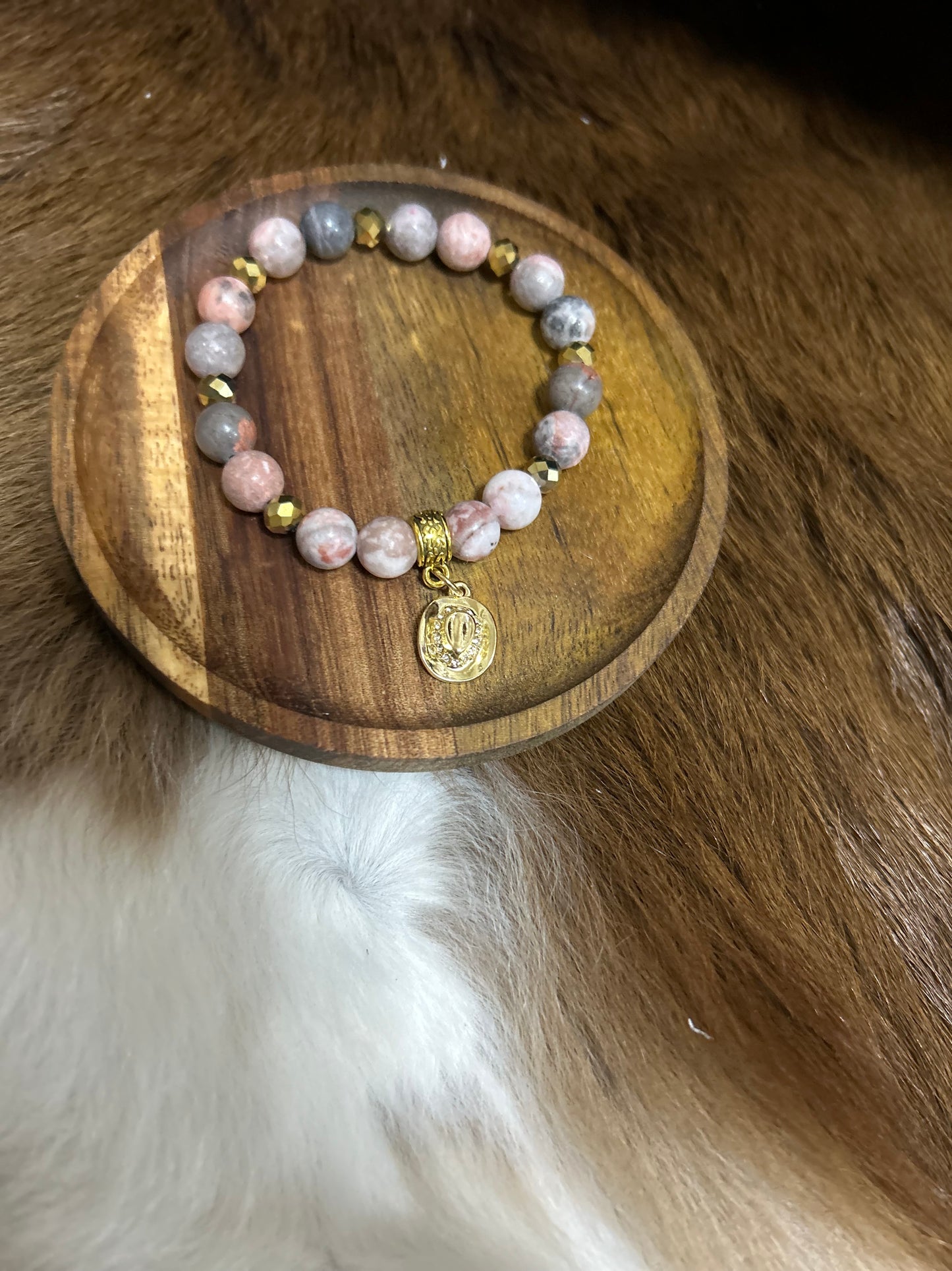 Western Cowgirl Stretch Jasper Beads Bracelet Gold Hat Charm Rhinestones