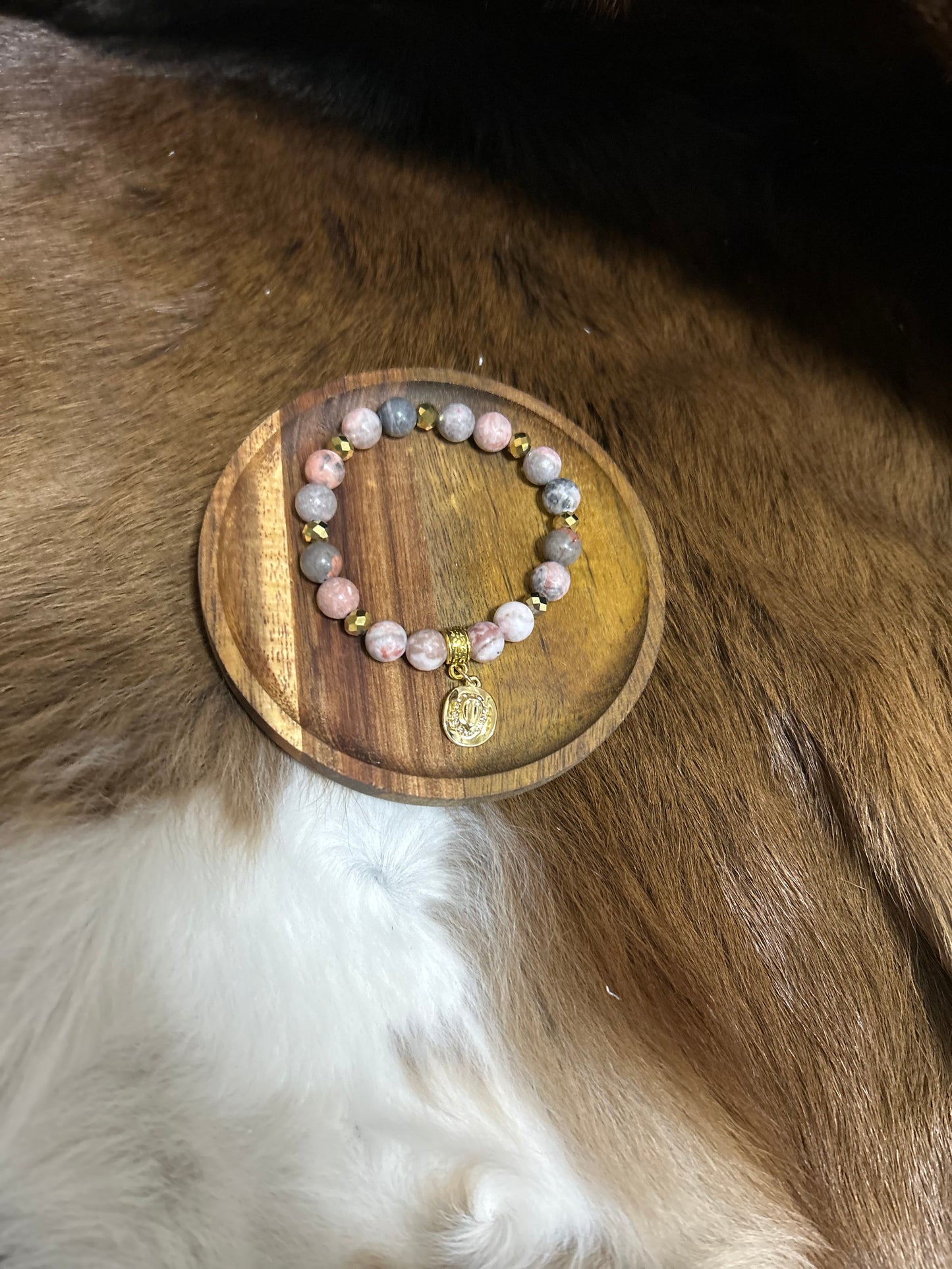 Western Cowgirl Stretch Jasper Beads Bracelet Gold Hat Charm Rhinestones