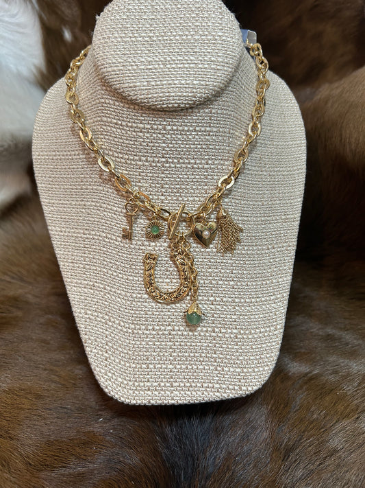 Gold Chain Western Necklace Horseshoe key Heart Bead Tiny Chains Western Charms