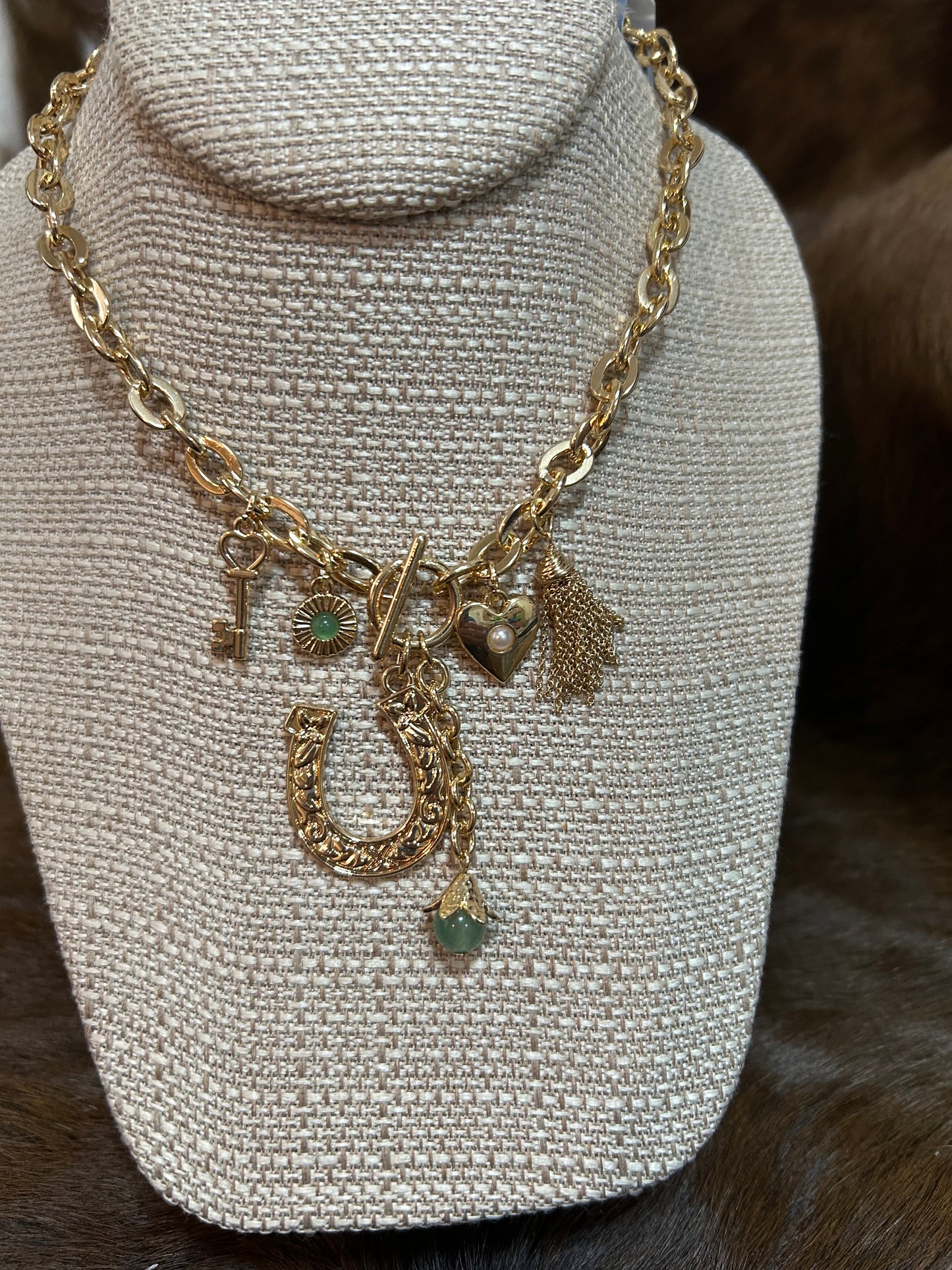 Gold Chain Western Necklace Horseshoe key Heart Bead Tiny Chains Western Charms