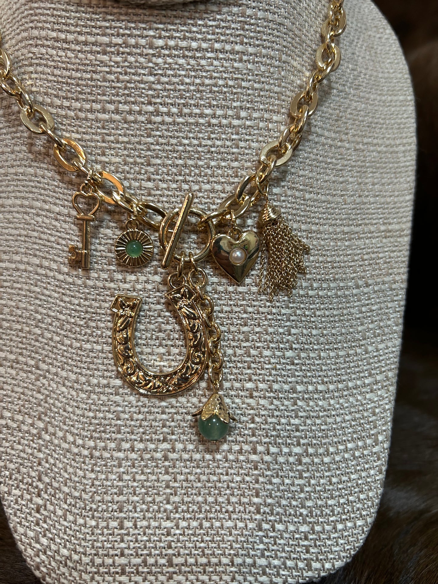 Gold Chain Western Necklace Horseshoe key Heart Bead Tiny Chains Western Charms