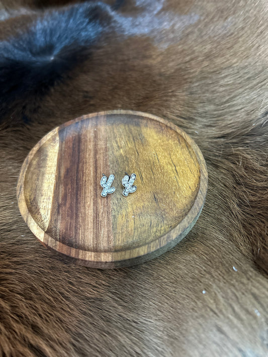 Girls Rhinestones Cactus Stud Earrings Silver