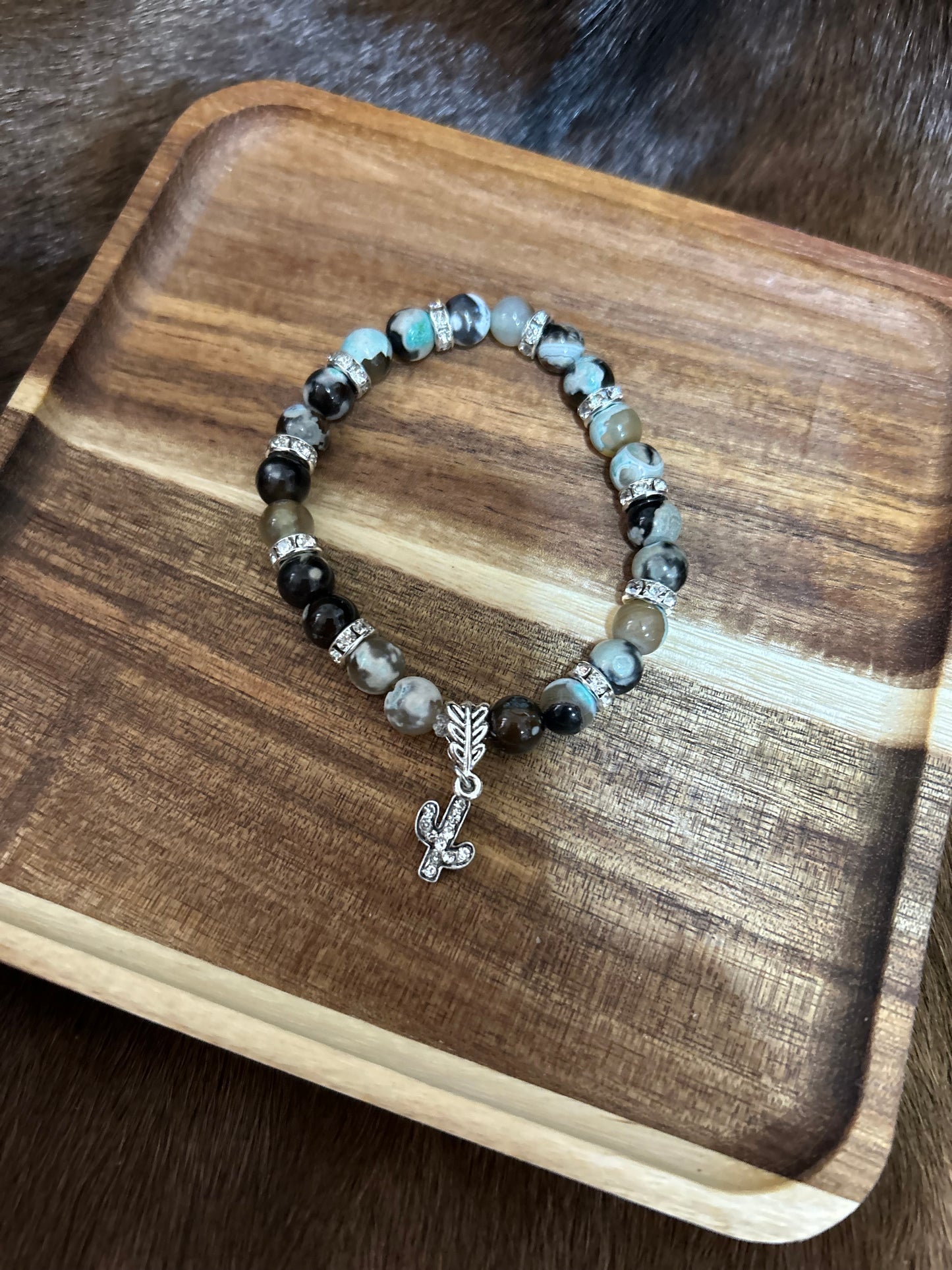 Western Stretch Beaded Bracelet Cactus Glass Beads Rhinestones