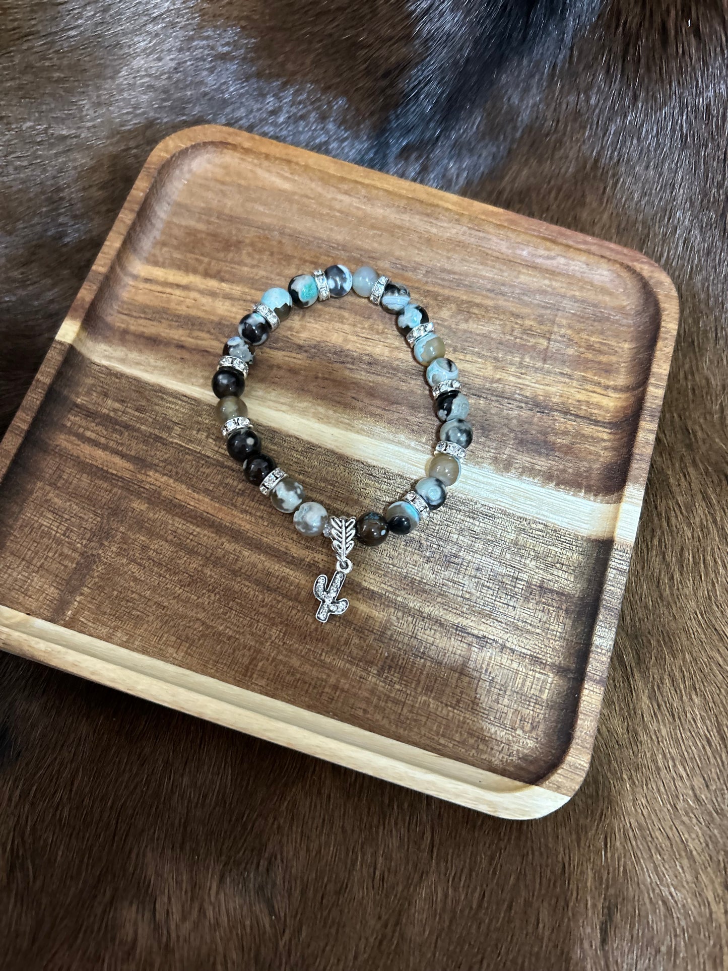 Western Stretch Beaded Bracelet Cactus Glass Beads Rhinestones