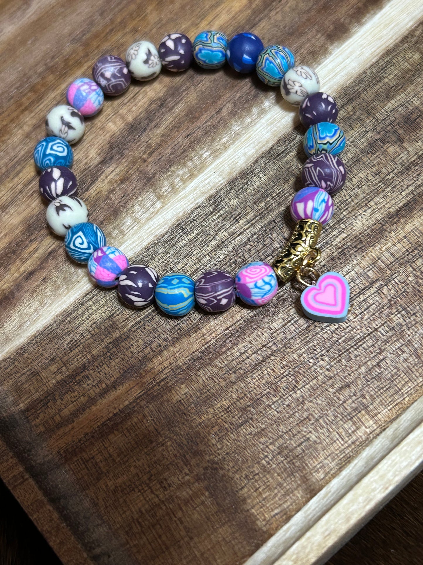 Girls Rubber Beaded Stretch Bracelet Western Steerhead Pink Blue Heart