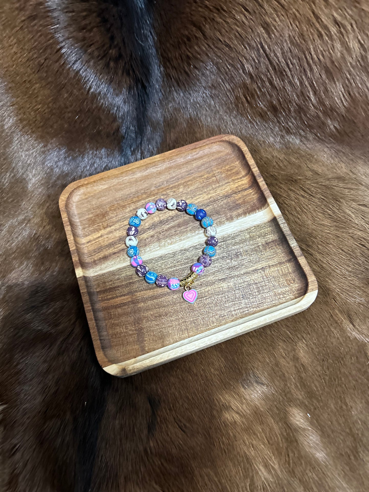 Girls Rubber Beaded Stretch Bracelet Western Steerhead Pink Blue Heart