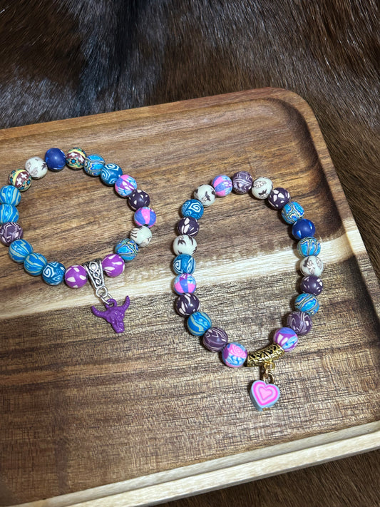 Girls Rubber Beaded Stretch Bracelet Western Steerhead Pink Blue Heart