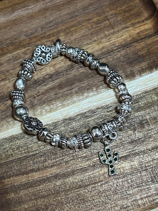 Stretch Bracelet Stainless Steel Beads Cactus Charm Rhinestones Southwest Jewelry Cowgirl