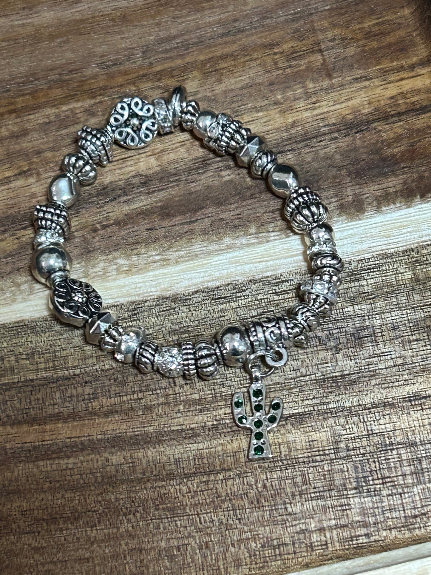 Stretch Bracelet Stainless Steel Beads Cactus Charm Rhinestones Southwest Jewelry Cowgirl